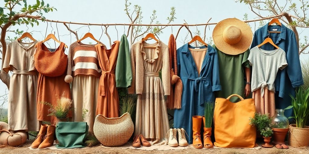 Nachhaltige Mode und Accessoires auf natürlichem Hintergrund.