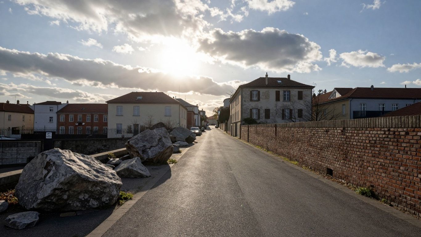 Europäische Stadtlandschaft mit Hindernissen und einem klaren Weg