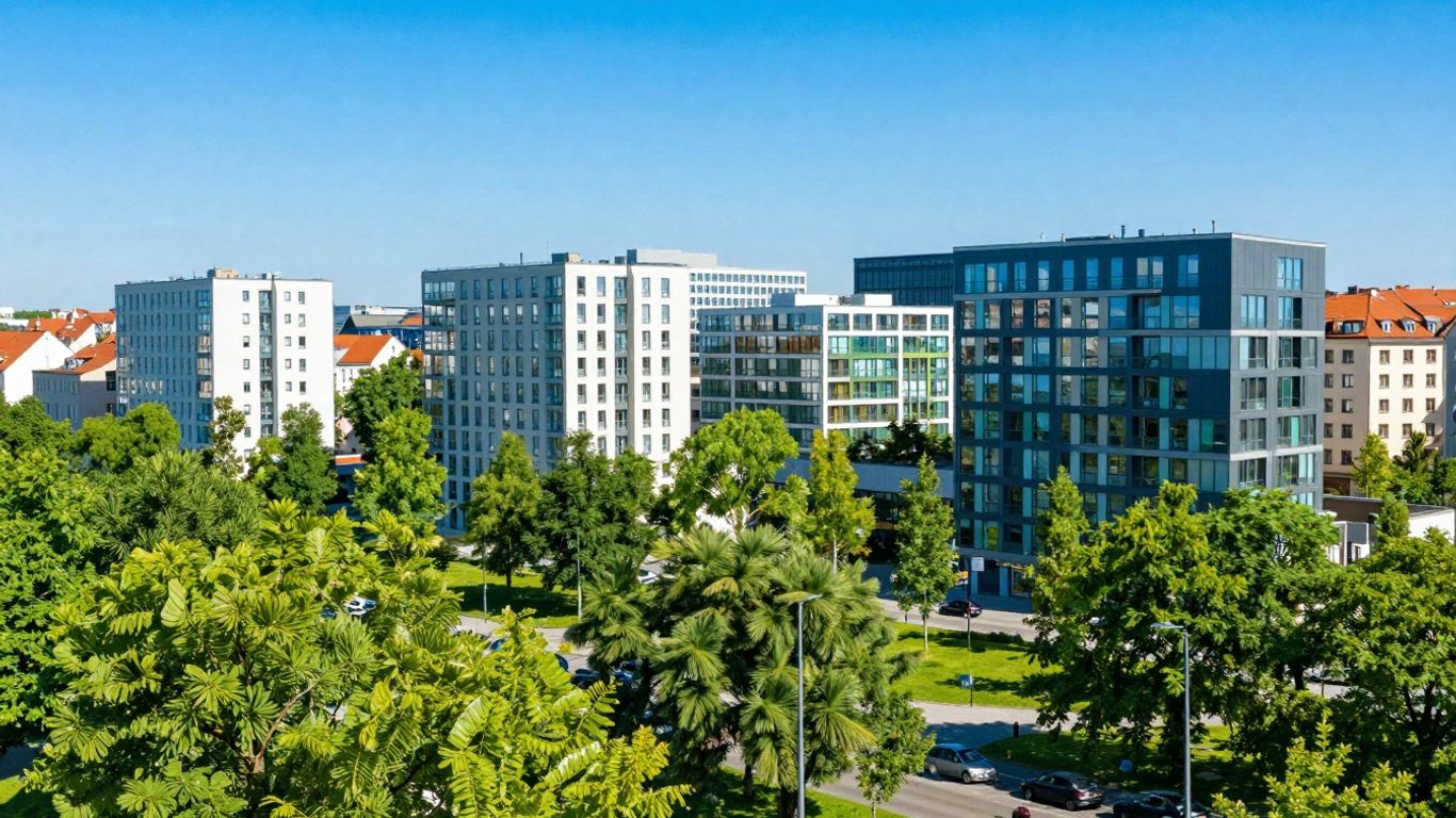 Nachhaltige europäische Stadt mit grünen Bäumen und moderner Architektur.