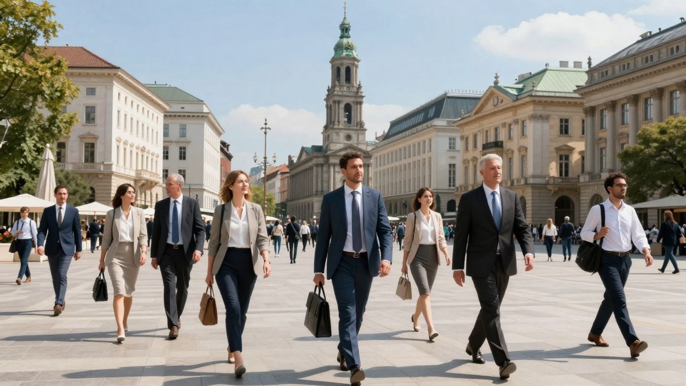 Europäische Stadtlandschaft mit Geschäftsprofis