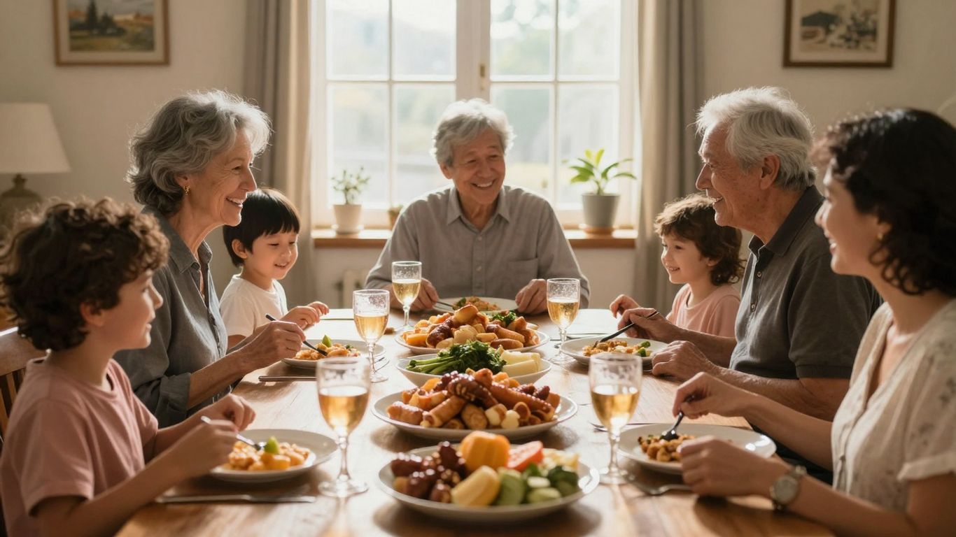 Familie bei einem gemeinsamen Essen, Symbol für europäische Wirtschaft.