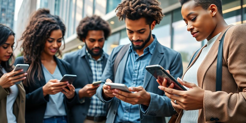 Diverse Menschen nutzen digitale Geräte in einem urbanen Umfeld.