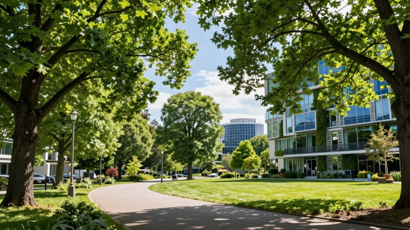 Grüne Stadtlandschaft mit Bäumen und nachhaltiger Architektur.