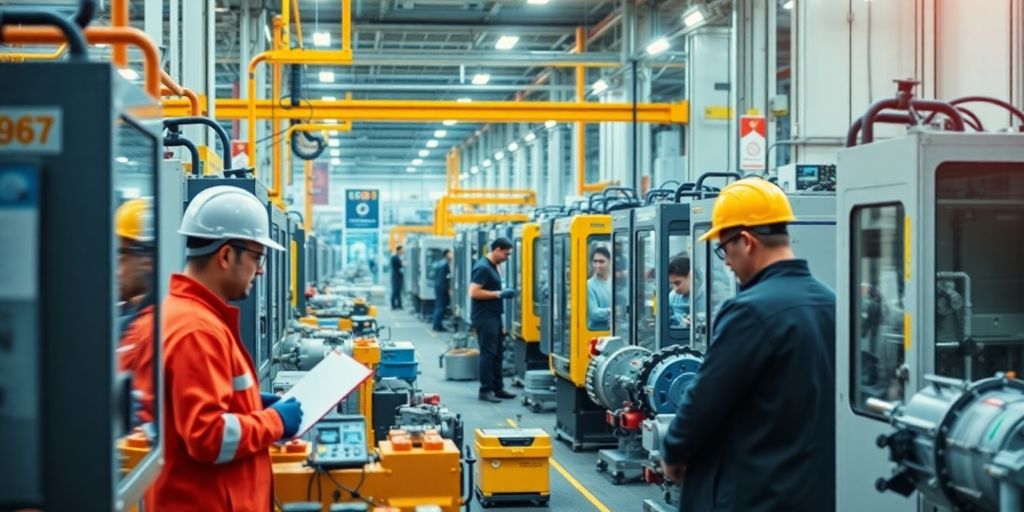 Fortschrittliche Maschinen und Ingenieure in einer Industrieumgebung.