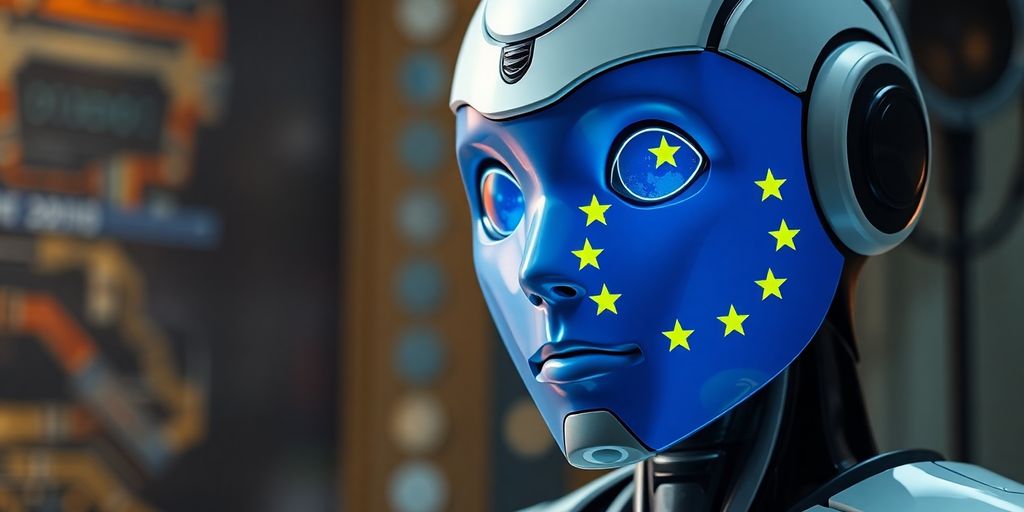 Roboter mit europäischer Flagge im Hintergrund.