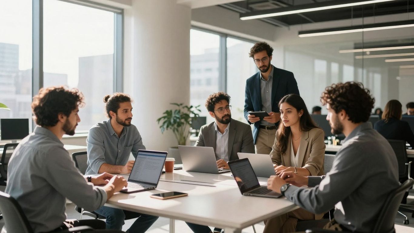 Menschen arbeiten in einem modernen Büro.