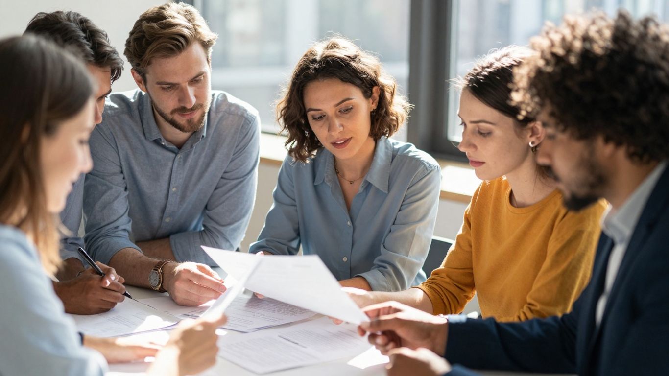 Menschen arbeiten zusammen in einem EU-Meeting.