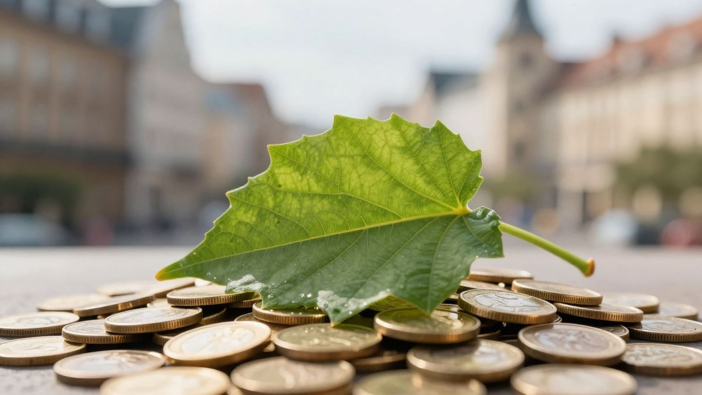 Grünes Blatt auf Münzen, europäische Stadt im Hintergrund.