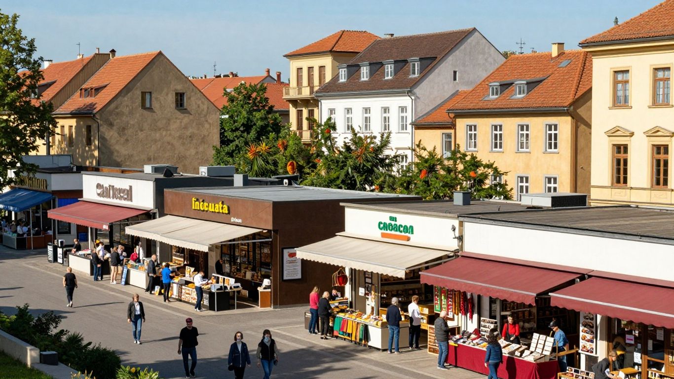 Europäische Stadt mit geschäftigen Unternehmen und Handel.