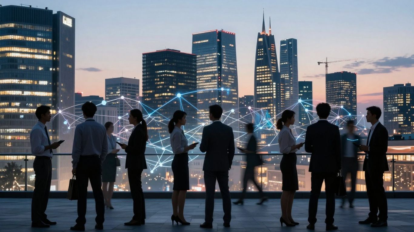 Europäische Stadt mit Geschäftsprofis und digitalen Verbindungen