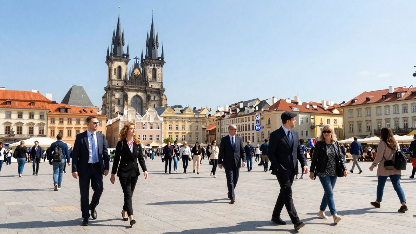 Europäische Stadtlandschaft mit Menschen und Geschäftsviertel.