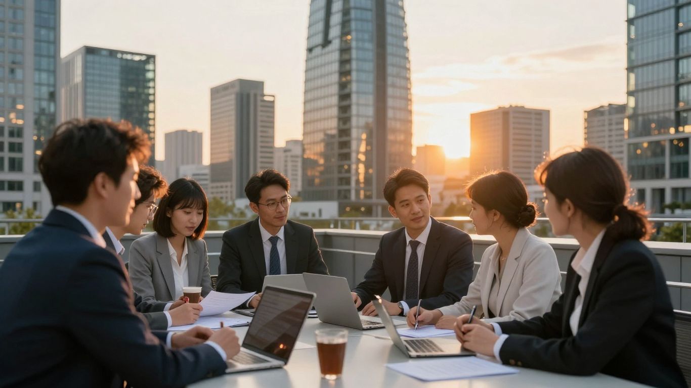 Europäische Stadtlandschaft mit Geschäftsprofis bei der Zusammenarbeit