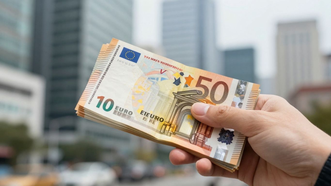 Hand hält Euro-Banknoten vor Stadtkulisse