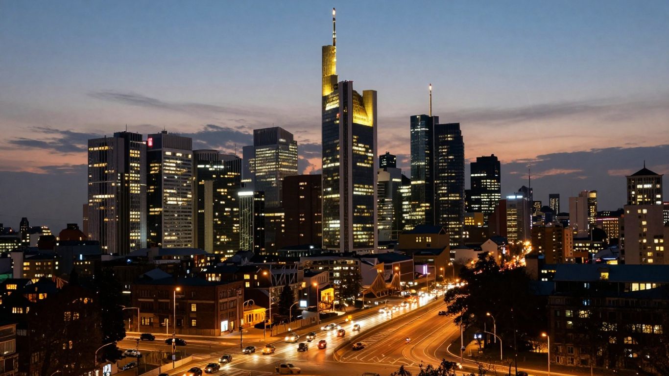 Europäische Stadtlandschaft bei Dämmerung mit Wolkenkratzern und Straßen.