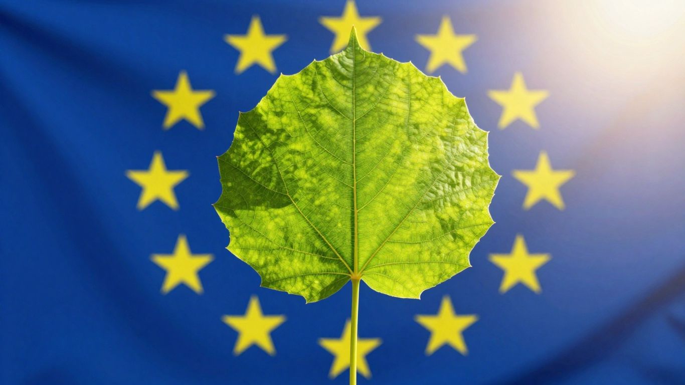 Grünes Blatt vor EU-Flagge, Symbol für Nachhaltigkeit
