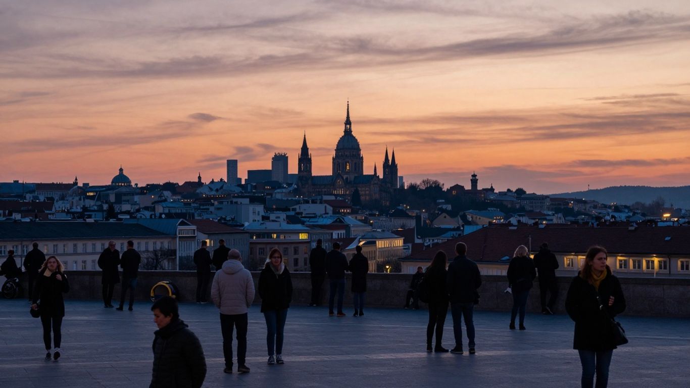 Europäische Stadtlandschaft mit Menschen und Wahrzeichen bei Dämmerung.