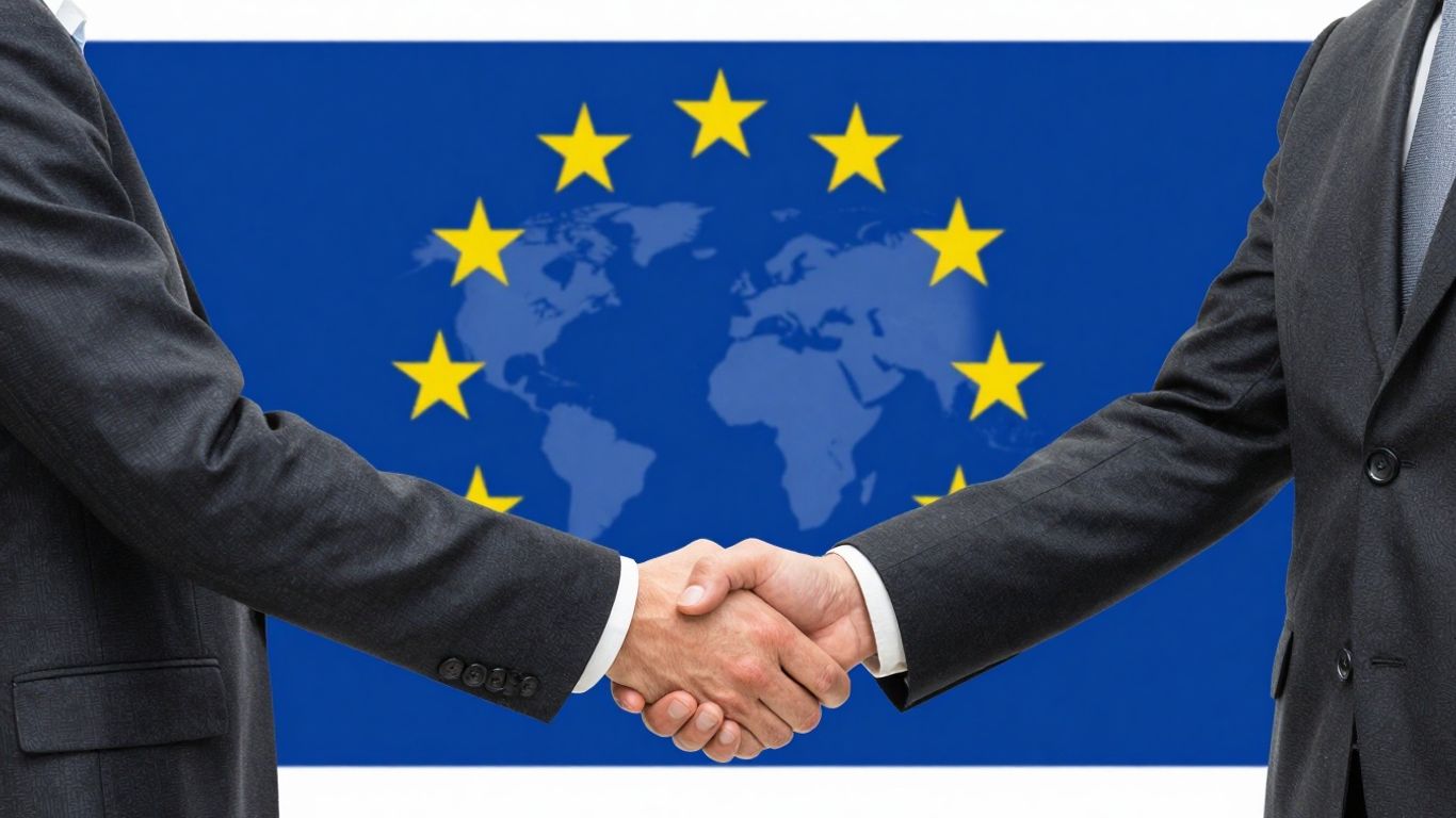 EU Handelsabkommen: Händedruck vor EU-Flagge und Globus.