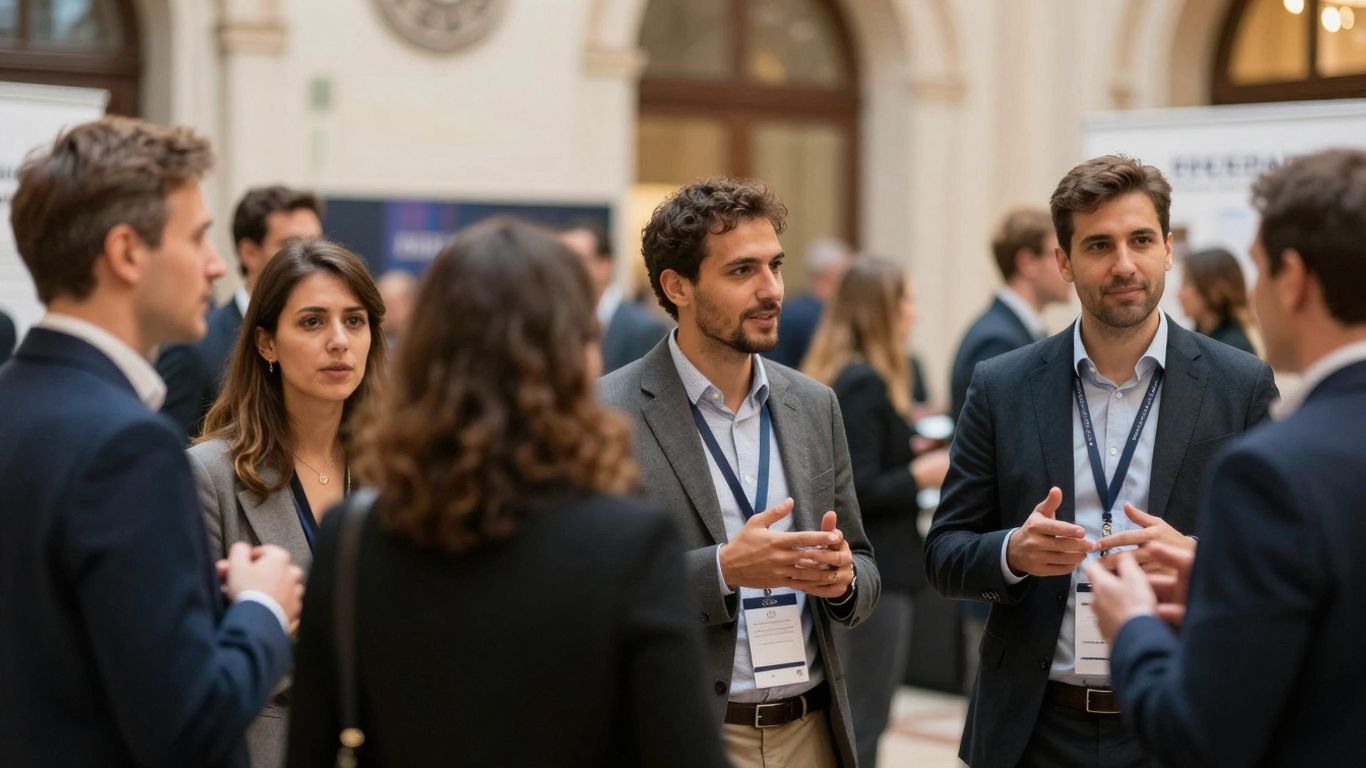 Europäische Netzwerkveranstaltung mit geschäftigen Fachleuten im Gespräch.