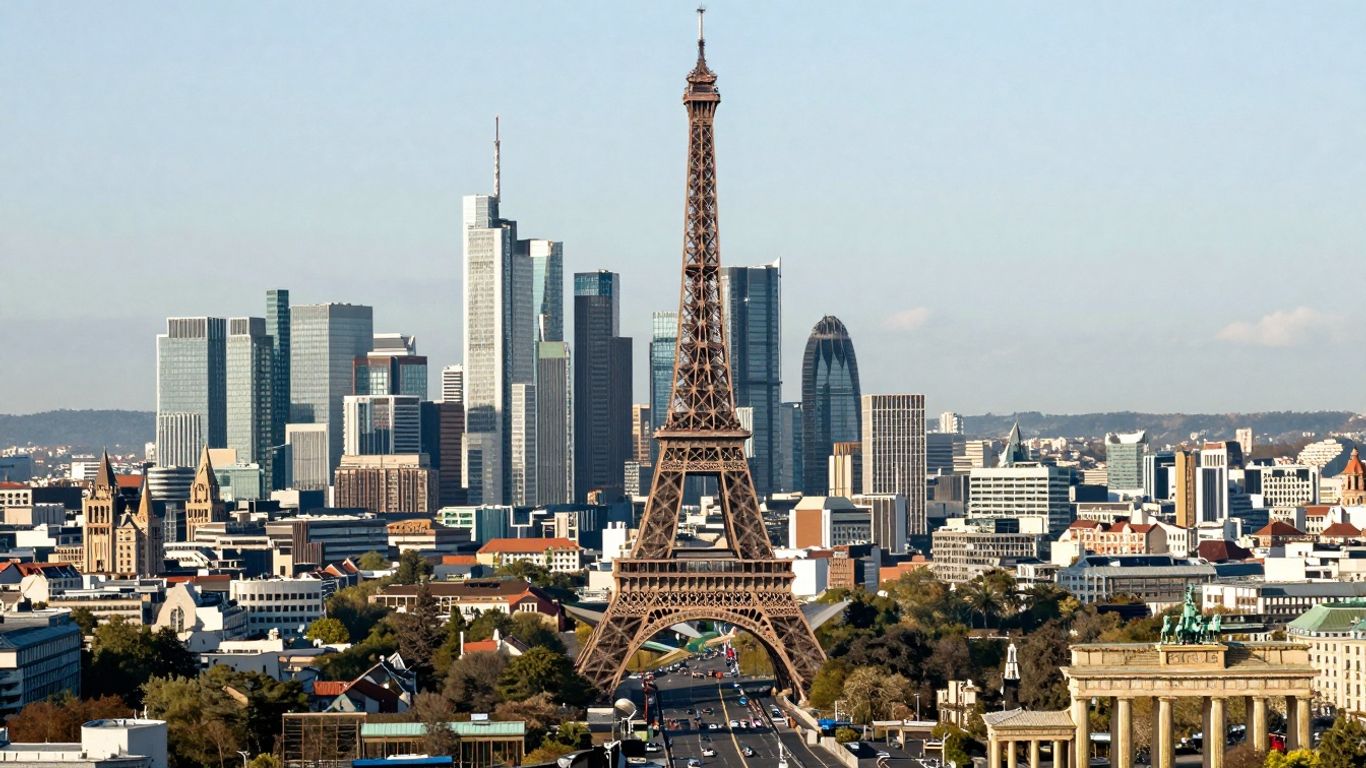 Europäische Stadtlandschaft mit Wahrzeichen und moderner Architektur.